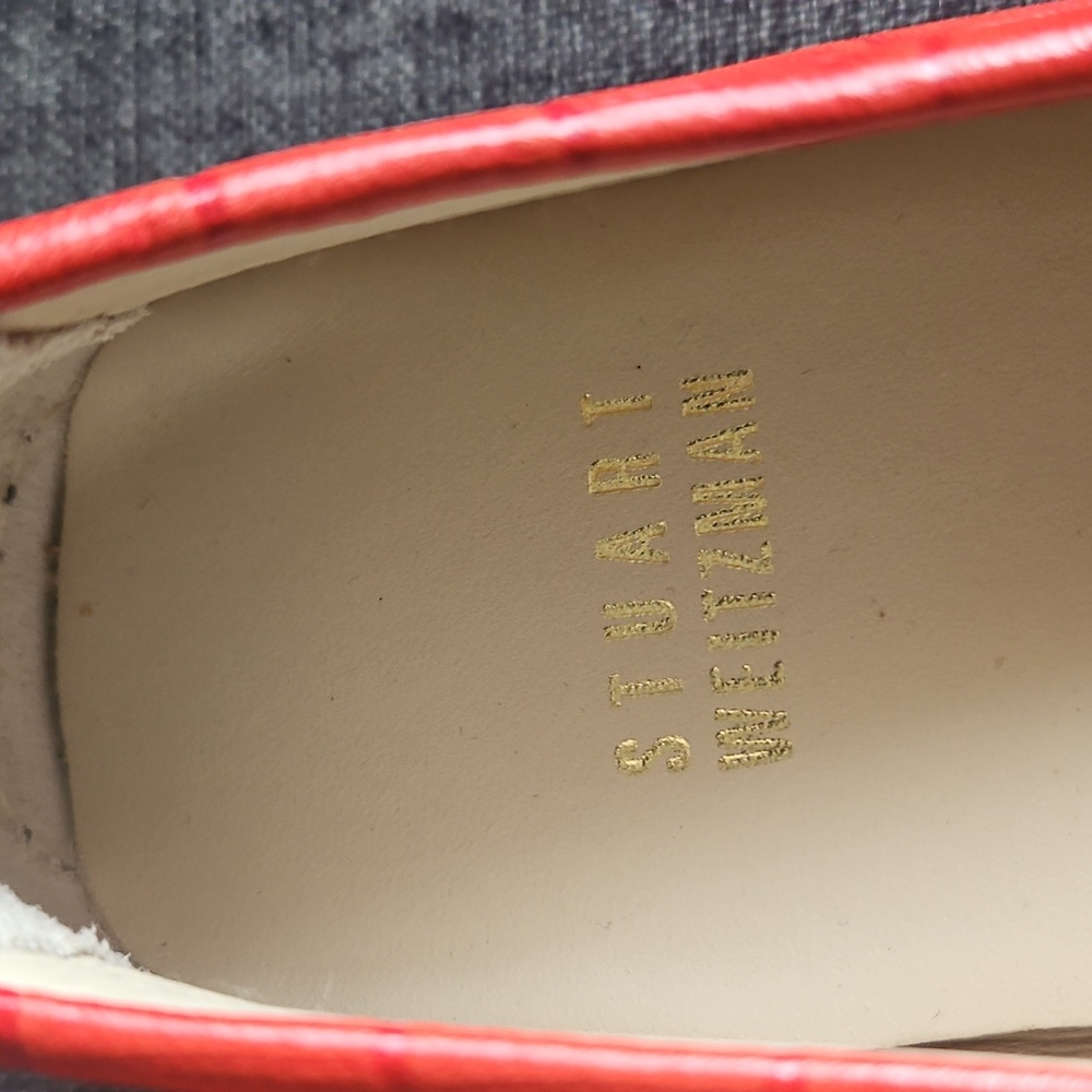 Red Stuart Weitzman patent Cocodrile  leather loafers With Gold  Trim - Picture 3 of 9